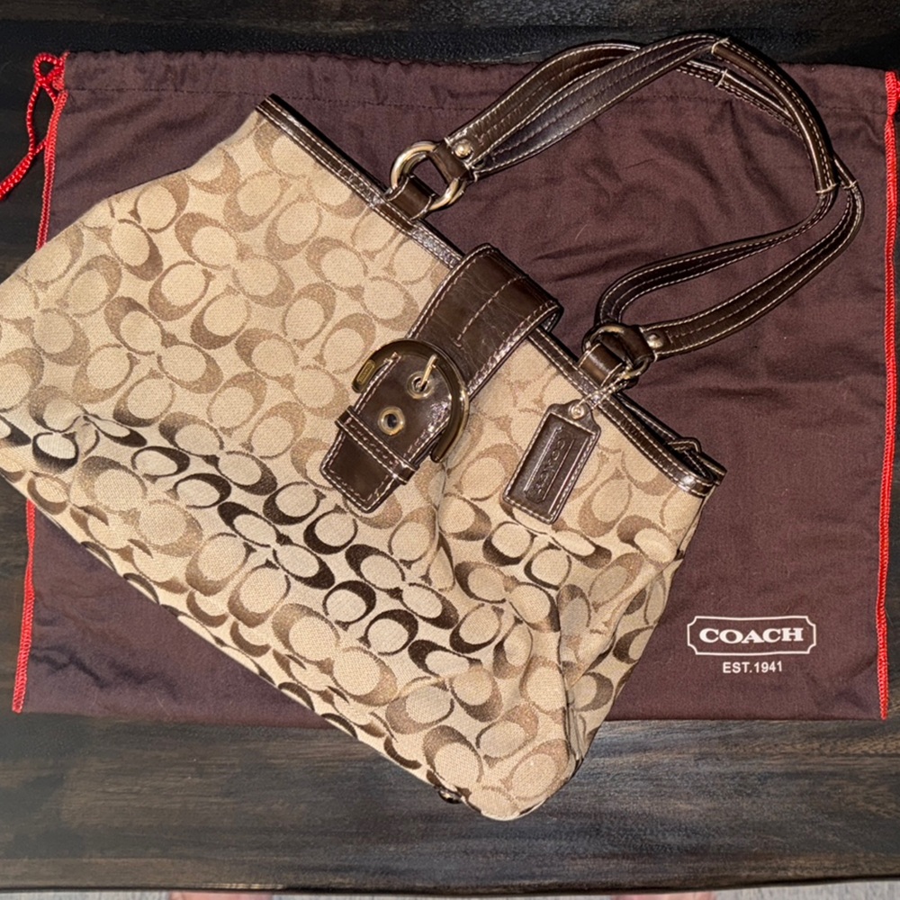 Coach Brown Shoulder Bag with Monogram Pattern
